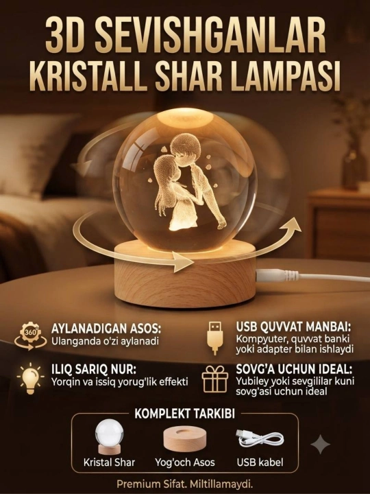 3D Kristal sharli LED tungi chiroq, o‘zi aylanadigan, bolalar uchun dekorativ yoritgich - 