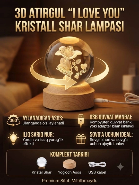 3D Kristal sharli LED tungi chiroq, o‘zi aylanadigan, bolalar uchun dekorativ yoritgich - 