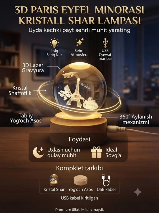 3D Kristal sharli LED tungi chiroq, o‘zi aylanadigan, bolalar uchun dekorativ yoritgich - 