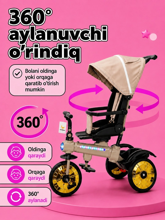 2v1 SL922 uch g‘ildirakli bolalar aravachasi, 360° buriluvchi o‘rindiq, o‘tirish va yotish