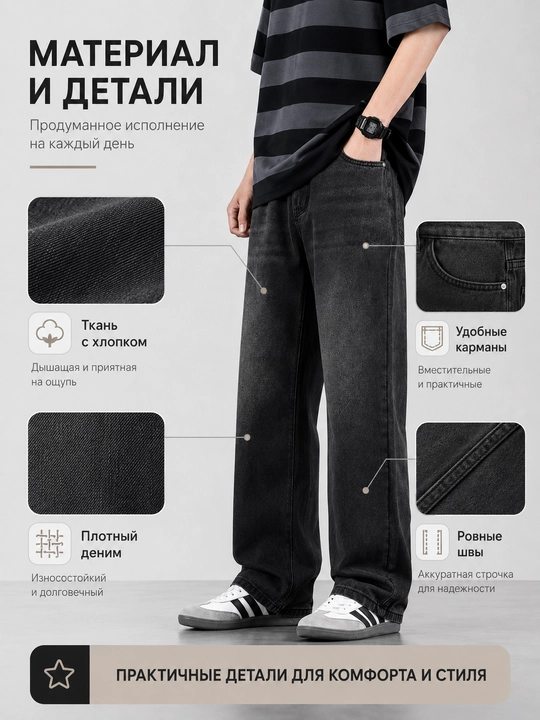 Джинсы мужские широкие прямые с высокой посадкой, черные, M–3XL