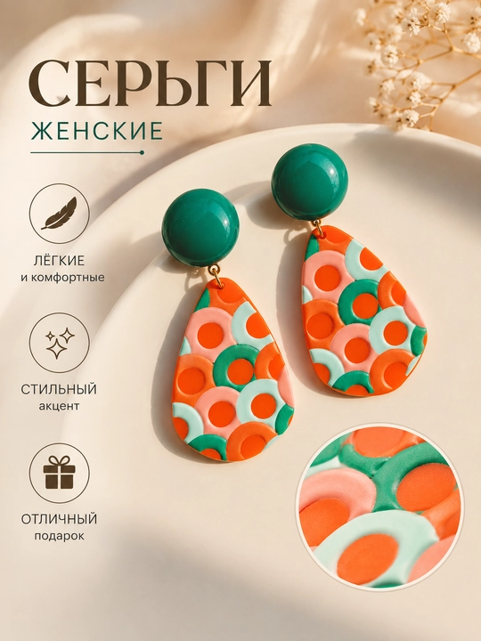 Женские серьги-подвески с ярким цветочным дизайном - 