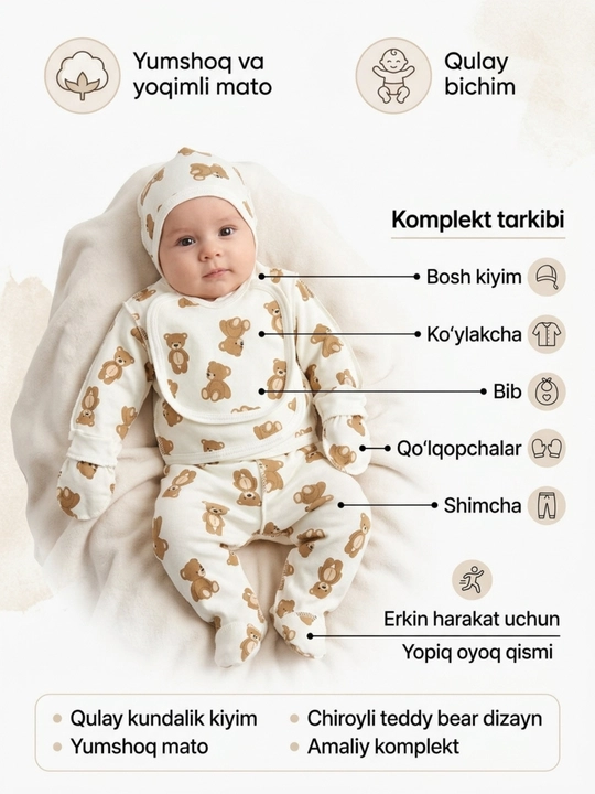 Chaqaloqlar kiyimi, ayiqchalar to‘plami, 6 ta buyum - 