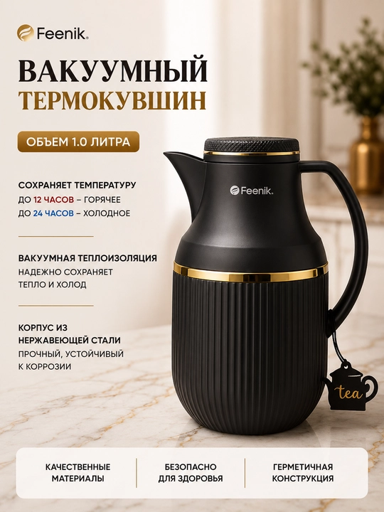 Термос объемом 1 литр для чая и кофе; сохраняет напиток горячим в течение 12 часов - 