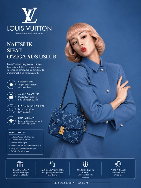 Louis Vuitton Pochette Métis ayollar sumkasi, ko‘k rangli monogram dizayn