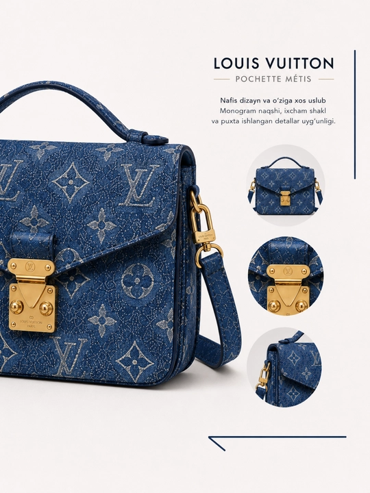 Louis Vuitton Pochette Métis ayollar sumkasi, ko‘k rangli monogram dizayn