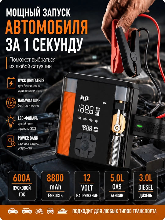 WiWU CG201 Car Guardian – 4 ta 1 ta avtomobil uchun starter batareyasi, kompressor, chiroq