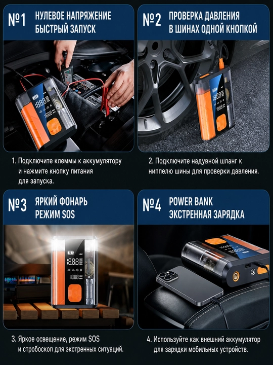 WiWU CG201 Car Guardian – 4 ta 1 ta avtomobil uchun starter batareyasi, kompressor, chiroq