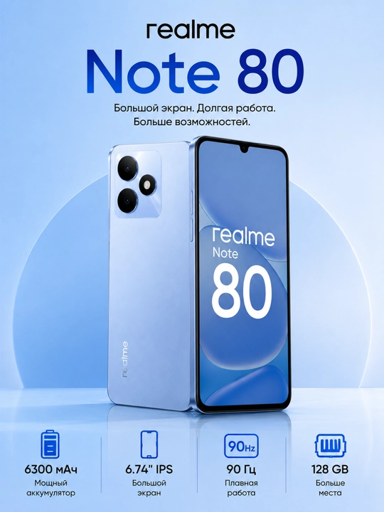 REALME Note 80 4/128GB, 6300 mAh batareya, 6.74" 90Hz smartfon - 