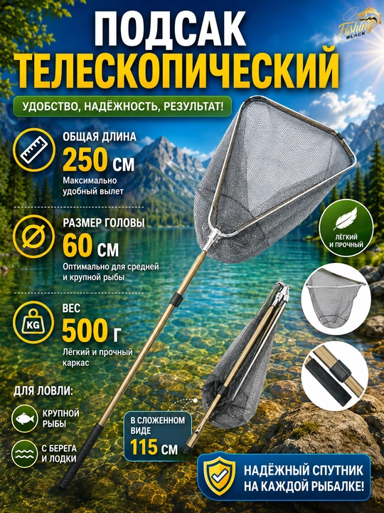 Подсак рыболовный телескопический складной сачок для рыбалки - 