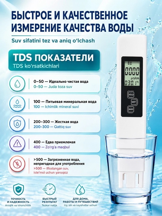 Тестер качества воды. TDS EC Температура метр 3 в 1. Измеритель солей, кондуктометр