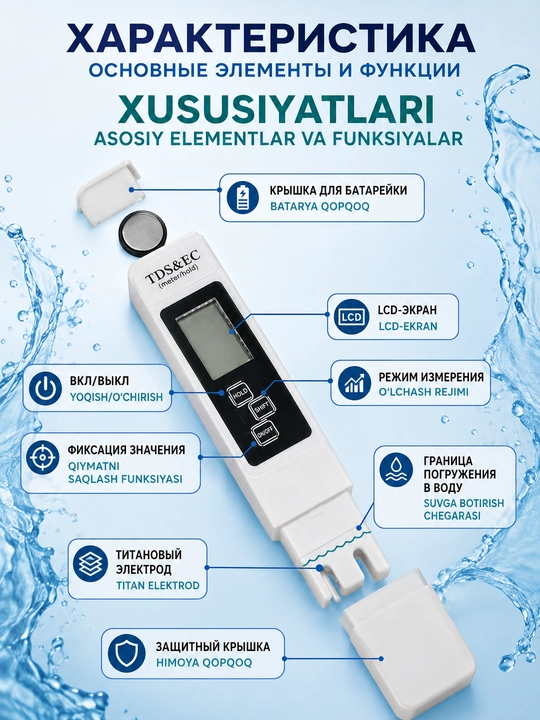 Тестер качества воды. TDS EC Температура метр 3 в 1. Измеритель солей, кондуктометр