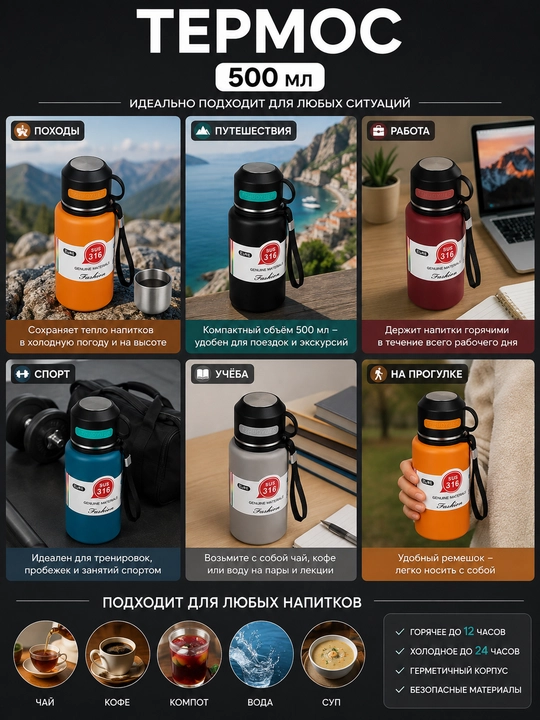 Termos vakuumli  500 ml, issiq sovuq ichimliklar uchun, zanglamaydigan po‘lat