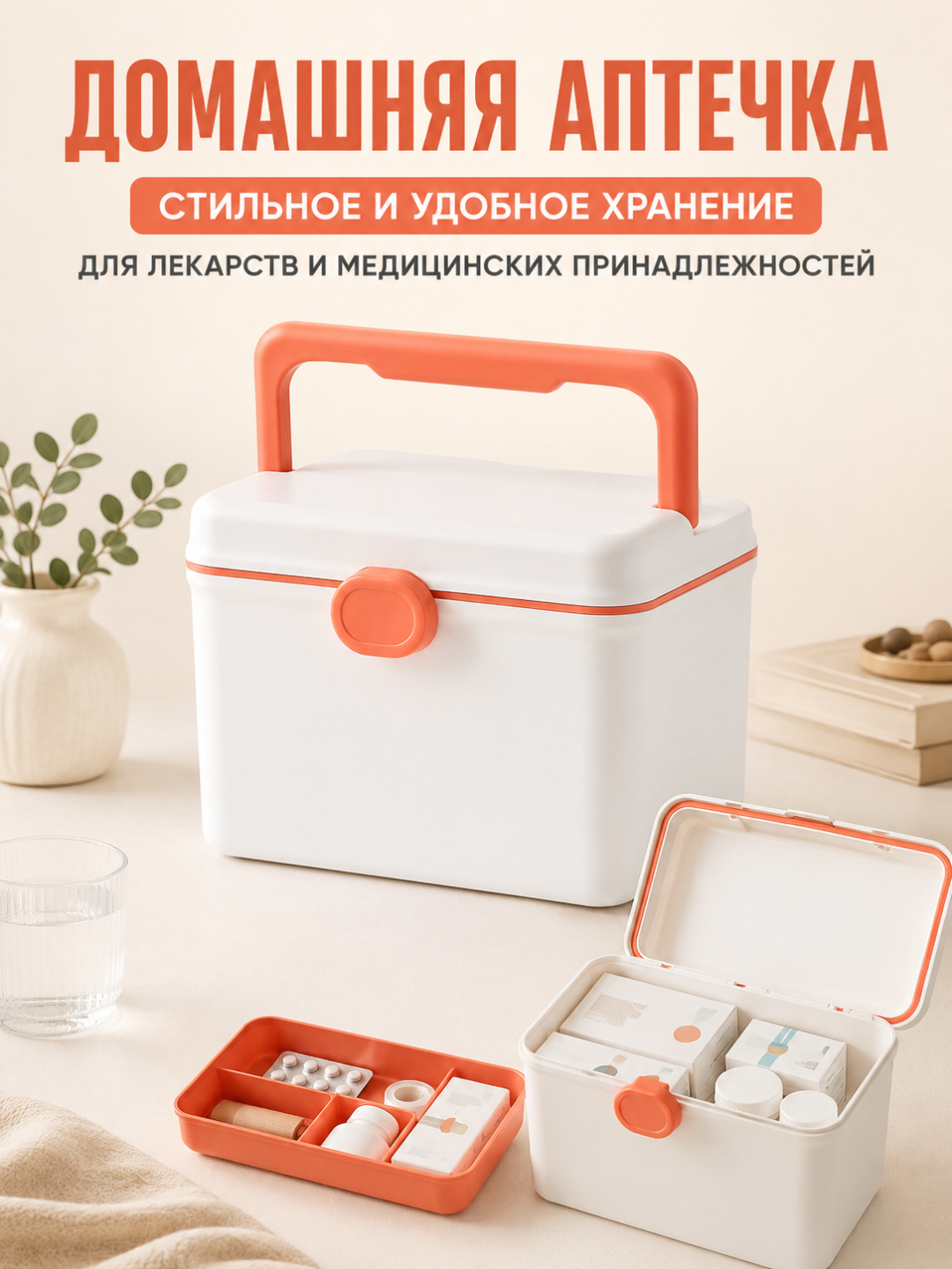 Домашняя аптечка-органайзер для лекарств с ручкой и съёмным лотком - 