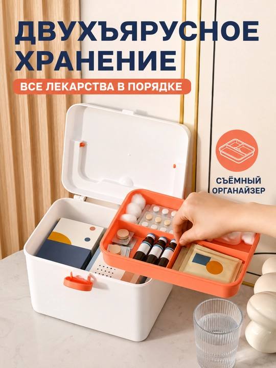 Домашняя аптечка-органайзер для лекарств с ручкой и съёмным лотком