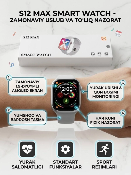 S12 Max Smart Watch aqlli soat 1+1 Quloqchin