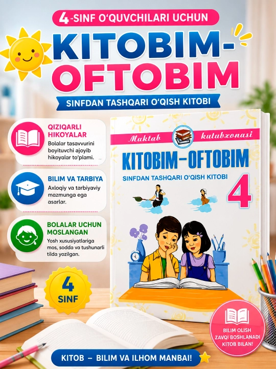 Куддус Мухаммадий KITOBIM OFTOBIM, книга для внеклассного чтения, для 1–4 классов, узбекском
