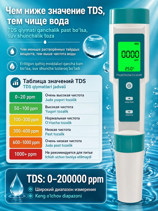 Suv tarkibi o'lchagich, PH metr, 7 tasi 1 da, EC, TDS, SALT, pH, ORP, S.G, TEMP
