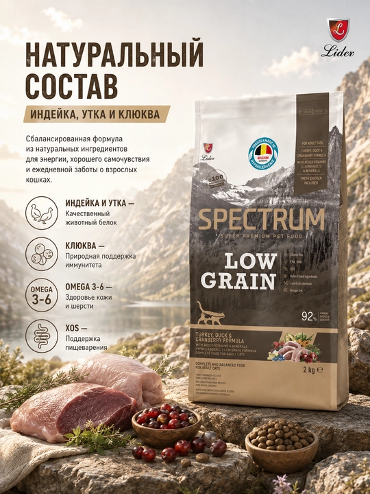 Spectrum Low Grain quruq ovqat past donli, kurka, o'rdak va klukva bilan, 2 kg
