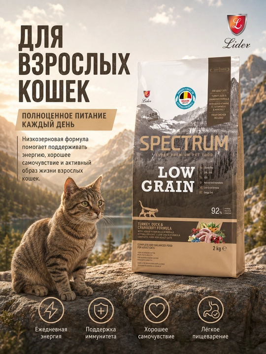Spectrum Low Grain quruq ovqat past donli, kurka, o'rdak va klukva bilan, 2 kg