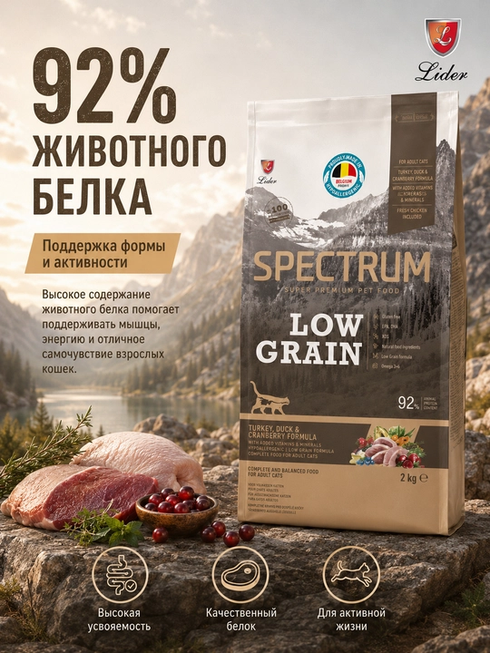 Spectrum Low Grain quruq ovqat past donli, kurka, o'rdak va klukva bilan, 2 kg