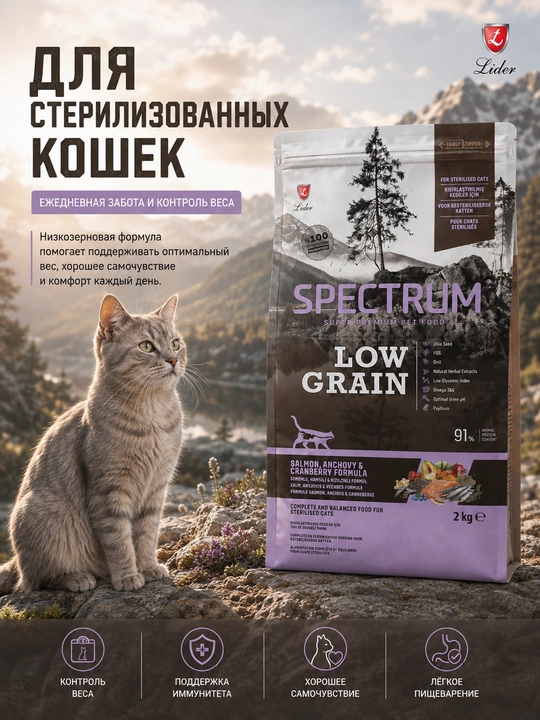 Spectrum Low Grain кam donli ozuqa, losos va hamsi bilan sterillangan mushuklar uchun, 2kg