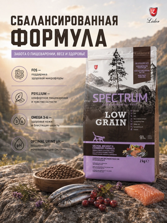 Spectrum Low Grain кam donli ozuqa, losos va hamsi bilan sterillangan mushuklar uchun, 2kg