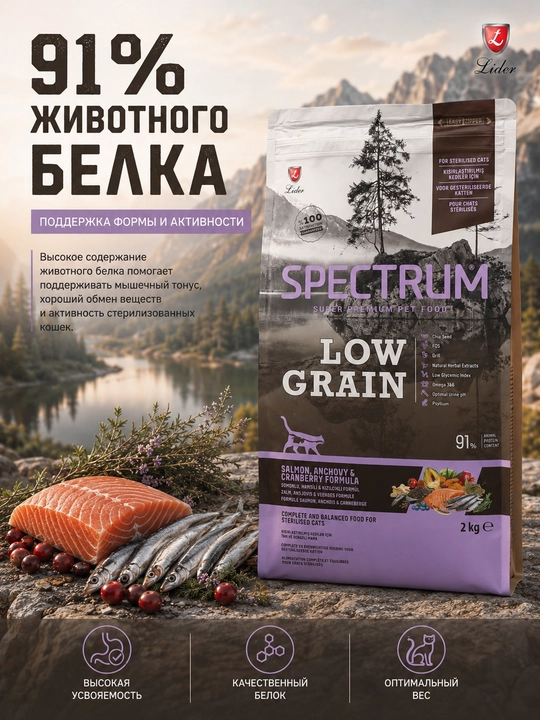 Spectrum Low Grain кam donli ozuqa, losos va hamsi bilan sterillangan mushuklar uchun, 2kg