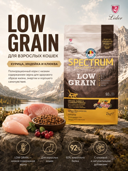 Spectrum Low Grain мushuklar uchun tovuq, kurka, kzlck bilan past donli, 2 kg - 