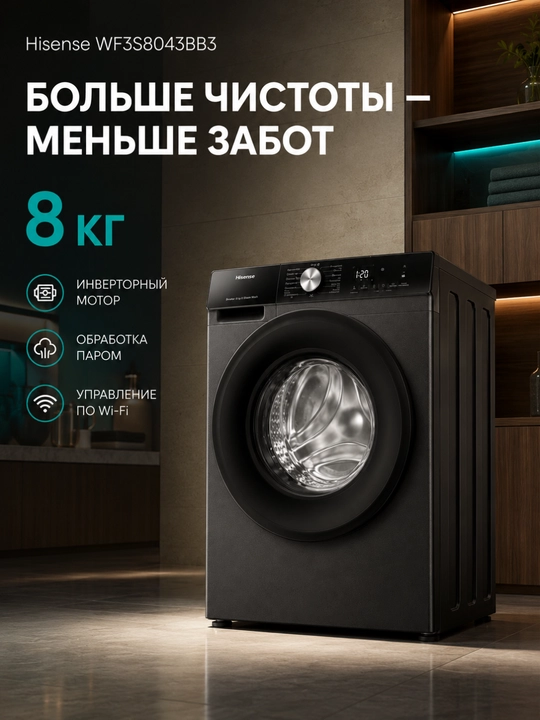 Стиральная машина Hisense WF3S8043BB3, 8 кг, инвертор, пар, Wi-Fi