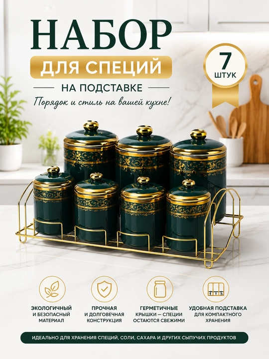 Набор из 7 керамических баночек для специй с подставкой - 