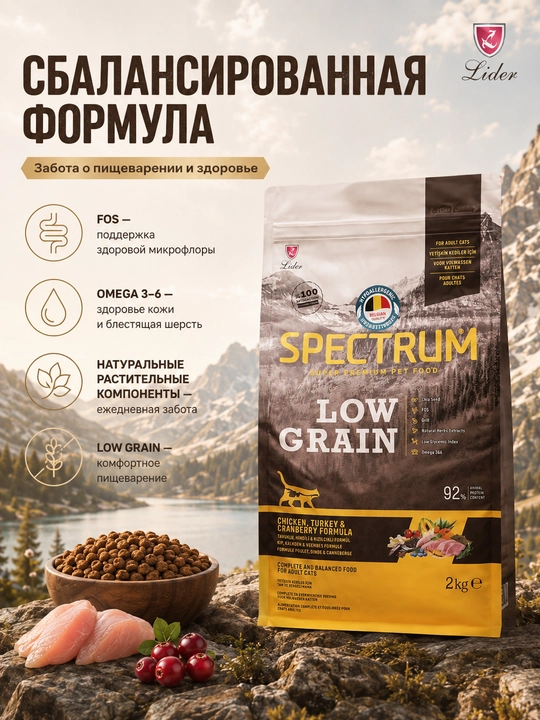 Spectrum Low Grain мushuklar uchun tovuq, kurka, kzlck bilan past donli, 2 kg