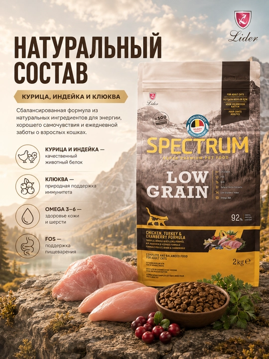 Spectrum Low Grain мushuklar uchun tovuq, kurka, kzlck bilan past donli, 2 kg