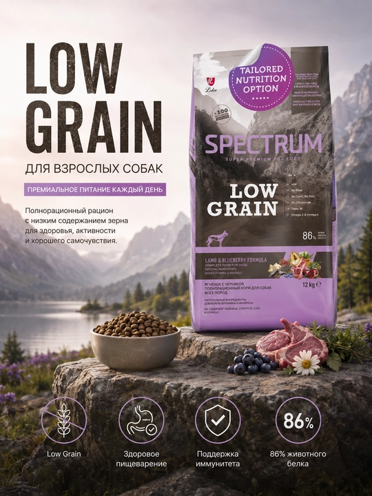 Spectrum Low Grain Lamb низкозерновой корм для собак для средних и крупных пород 12 кг - 