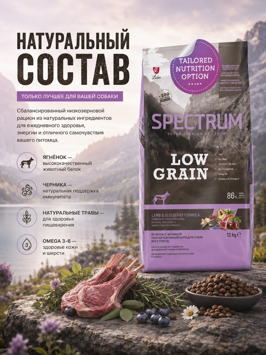 Spectrum Low Grain Lamb низкозерновой корм для собак для средних и крупных пород 12 кг