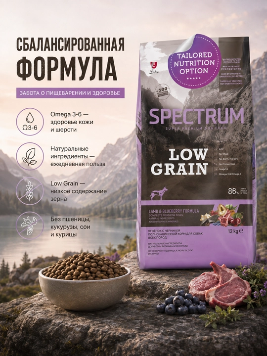 Spectrum Low Grain Lamb низкозерновой корм для собак для средних и крупных пород 12 кг