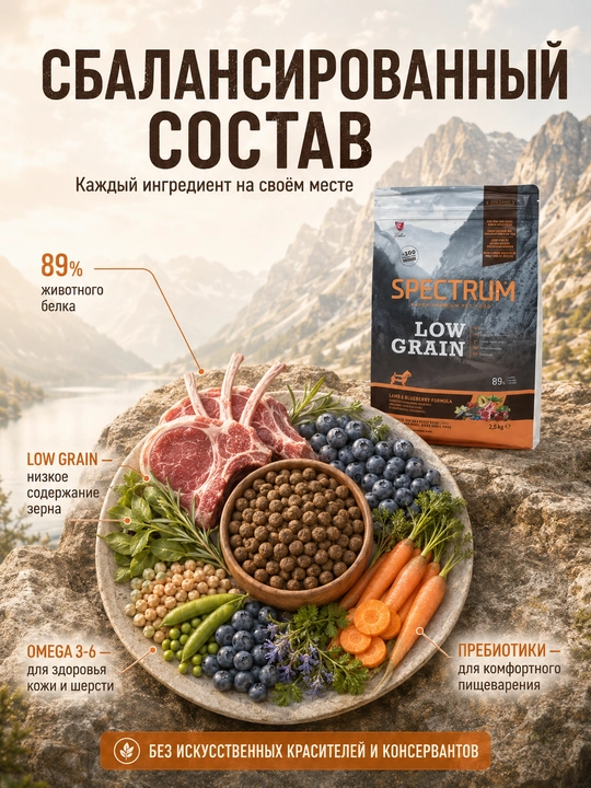 Spectrum Low Grain низкозерновой корм для взрослых собак малых пород, с ягненком, 2.5 кг