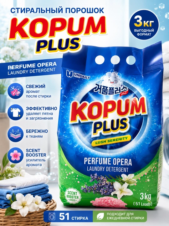 KOPUM PLUS Unidaily kir yuvish kukuni, 3 kg, 51 yuvish xushbo‘y hidli va hid kuchaytirgich - 