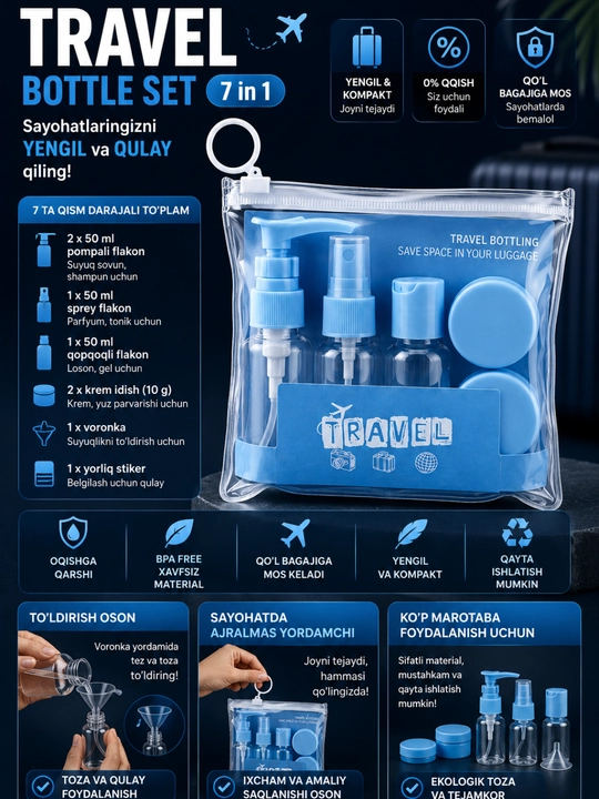 Sayohat nabori, travel flakon, kosmetika idishlari, safar uchun idishlar, 7 in 1 - 