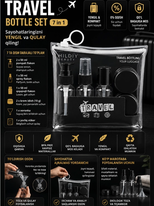 Sayohat nabori, travel flakon, kosmetika idishlari, safar uchun idishlar, 7 in 1 - 
