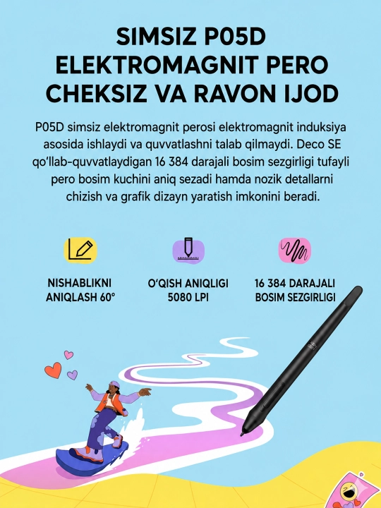XP-Pen Deco SE grafik plansheti, Bluetooth 5.0 va P05D pero bilan
