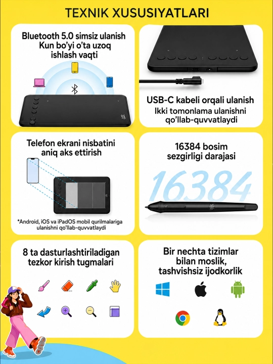 XP-Pen Deco SE grafik plansheti, Bluetooth 5.0 va P05D pero bilan