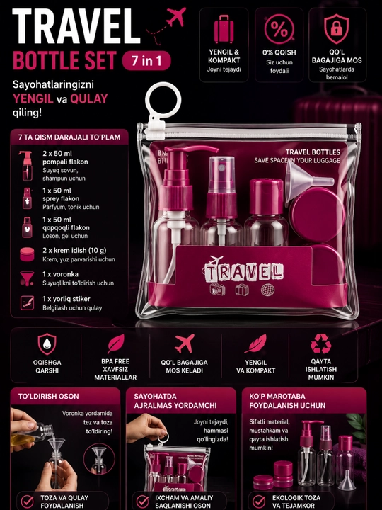 Sayohat nabori, travel flakon, kosmetika idishlari, safar uchun idishlar, 7 in 1 - 