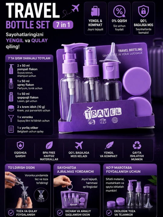 Sayohat nabori, travel flakon, kosmetika idishlari, safar uchun idishlar, 7 in 1 - 