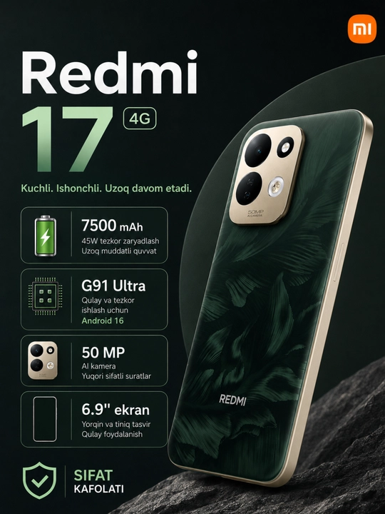 Smartfon Redmi 17, 8/256 GB, 7500 mA/s, 45 Wt tezkor zaryadlash, 2 Sim Karta, 120 Hz - 