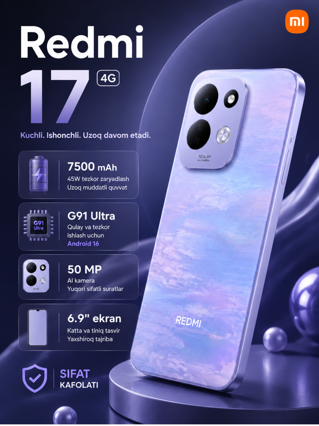 Smartfon Redmi 17, 8/256 GB, 7500 mA/s, 45 Wt tezkor zaryadlash, 2 Sim Karta, 120 Hz - 