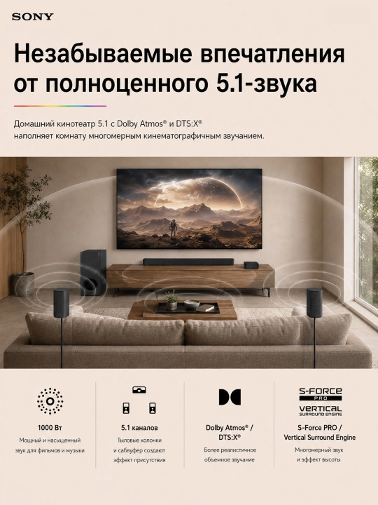 Саундбар Sony HT-S60, для телевизора, тыловые колонки, проводной сабвуфер, Bluetooth 5.3