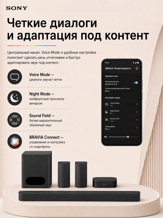 Саундбар Sony HT-S60, для телевизора, тыловые колонки, проводной сабвуфер, Bluetooth 5.3