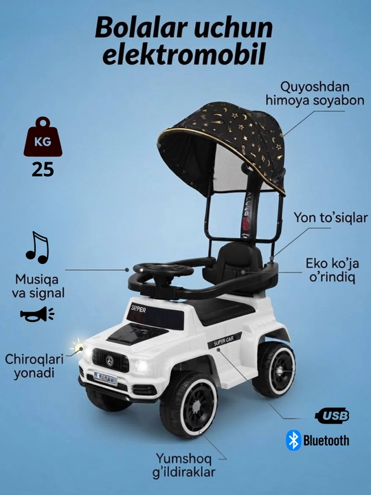 Bolalar uchun "Tolokar" elektromobili, akkumulyator va qo‘lda boshqariladigan - 