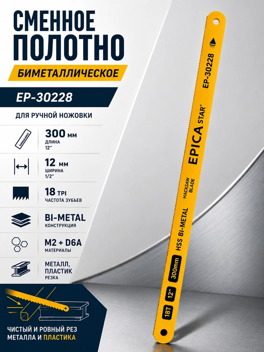 Metall uchun arra polotnosi Epica Star EP-30228, 300 mm, 18 TPI, Bi-Metal